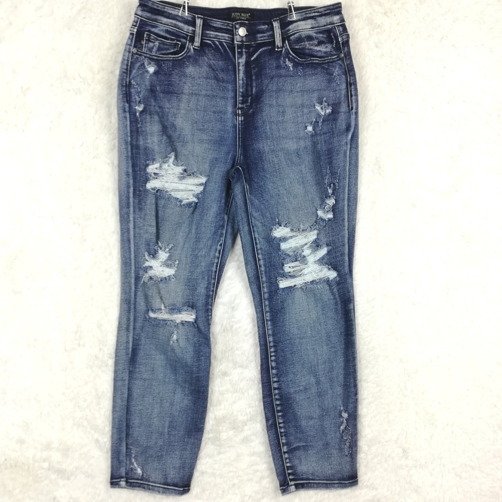 Judy Blue Womens Jeans Boyfriend Fit Blue Denim High Rise Ripped Stone Wash 13